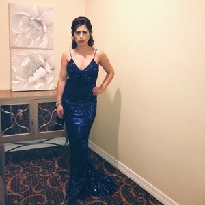 Sequin open back evening prom gown long dress